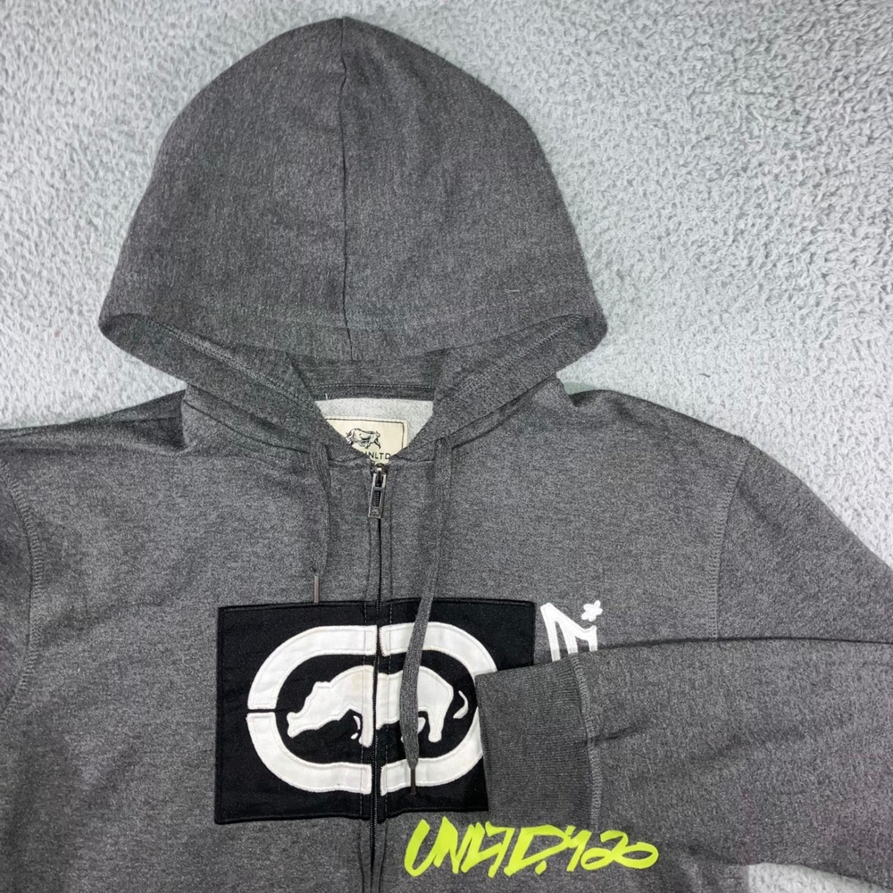 Ecko Unltd Zip Up Hoodie Men L Gray Graphic Baggy 90s Streetwear Gorpcore y2k